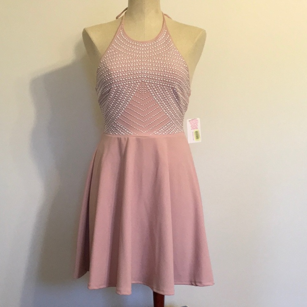 B. Darlin Pink Hi Neck Halter Fit & Flare Mini NWT